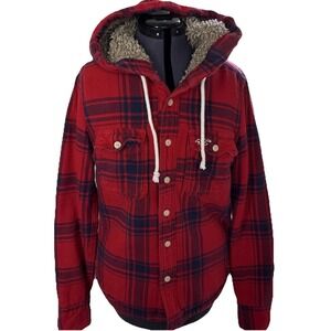 Vtg 90s Hollister Sherpa Lined Hooded Jacket Shacket Mens Small Plaid Flannel